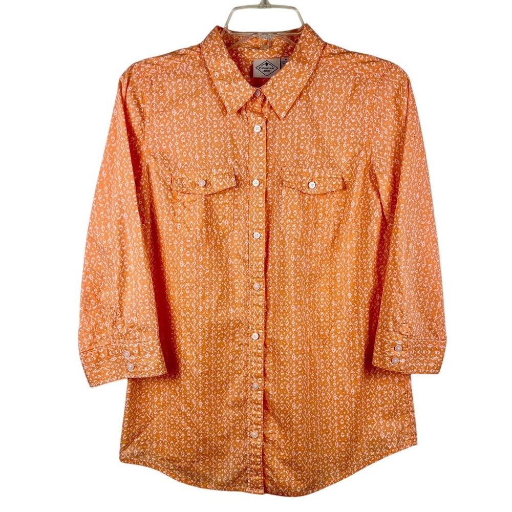 St Johns Bay Womens Orange White Geometric Print 100% Cotton Button Up Shirt S